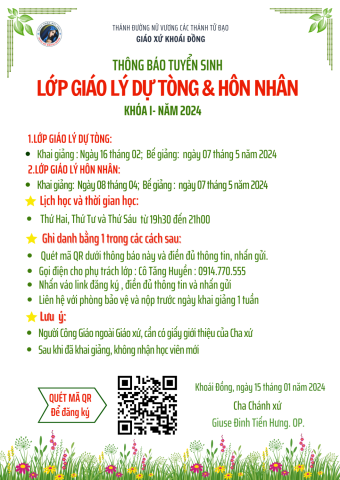 LỊCH HỌC KHÓA GIÁO LÝ DỰ TÒNG & HÔN NHÂN NĂM  2024